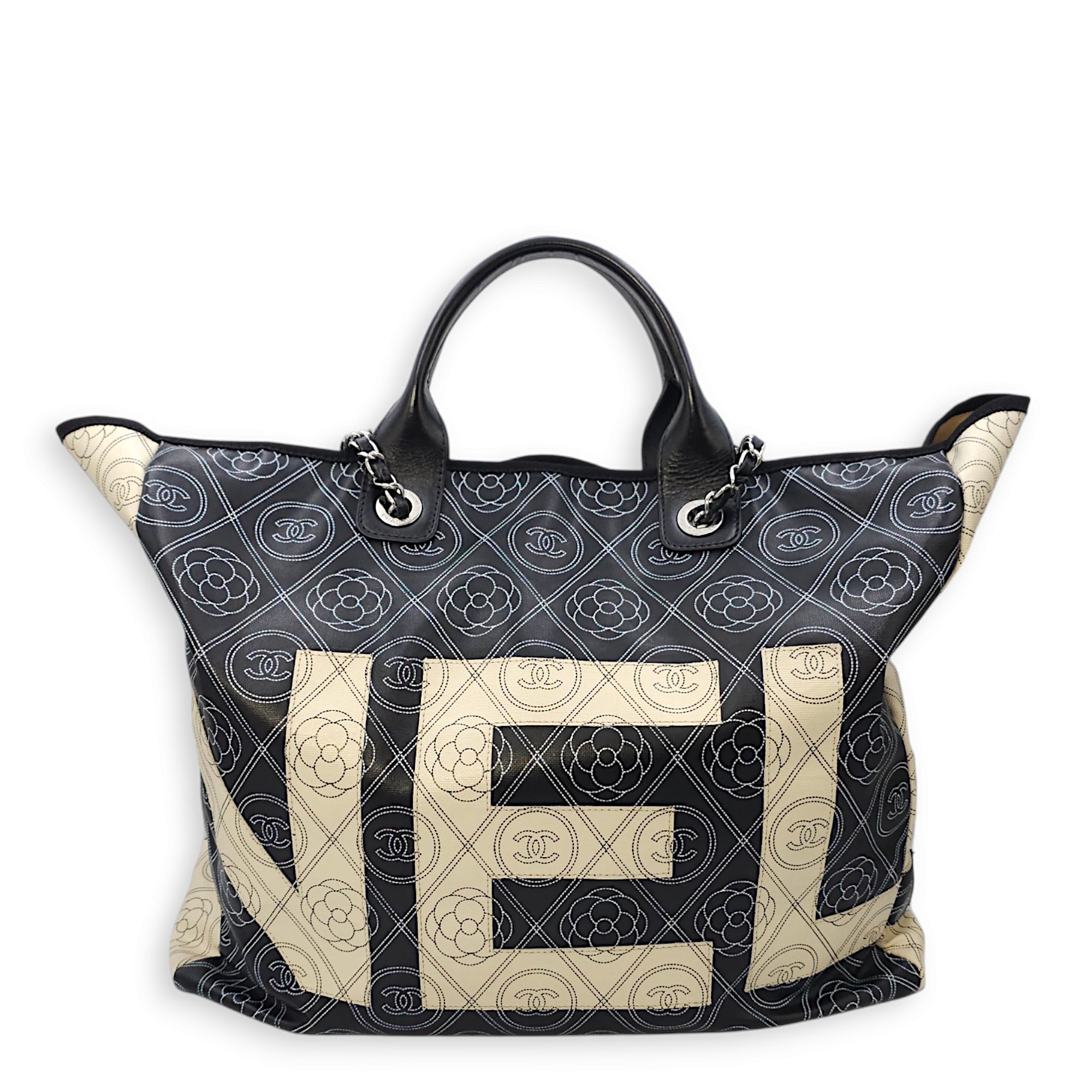 Camellia Logo Printed Deauville Black & cream Tote Bag in Coated Canvas, Silver hardware - Image 3