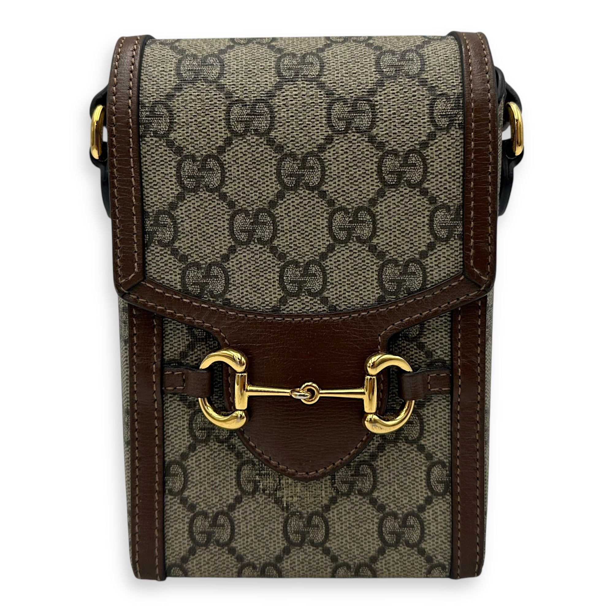 Horsebit 1955 Shoulder Bag Brown in Monogram Coated Canvas, Gold hardware