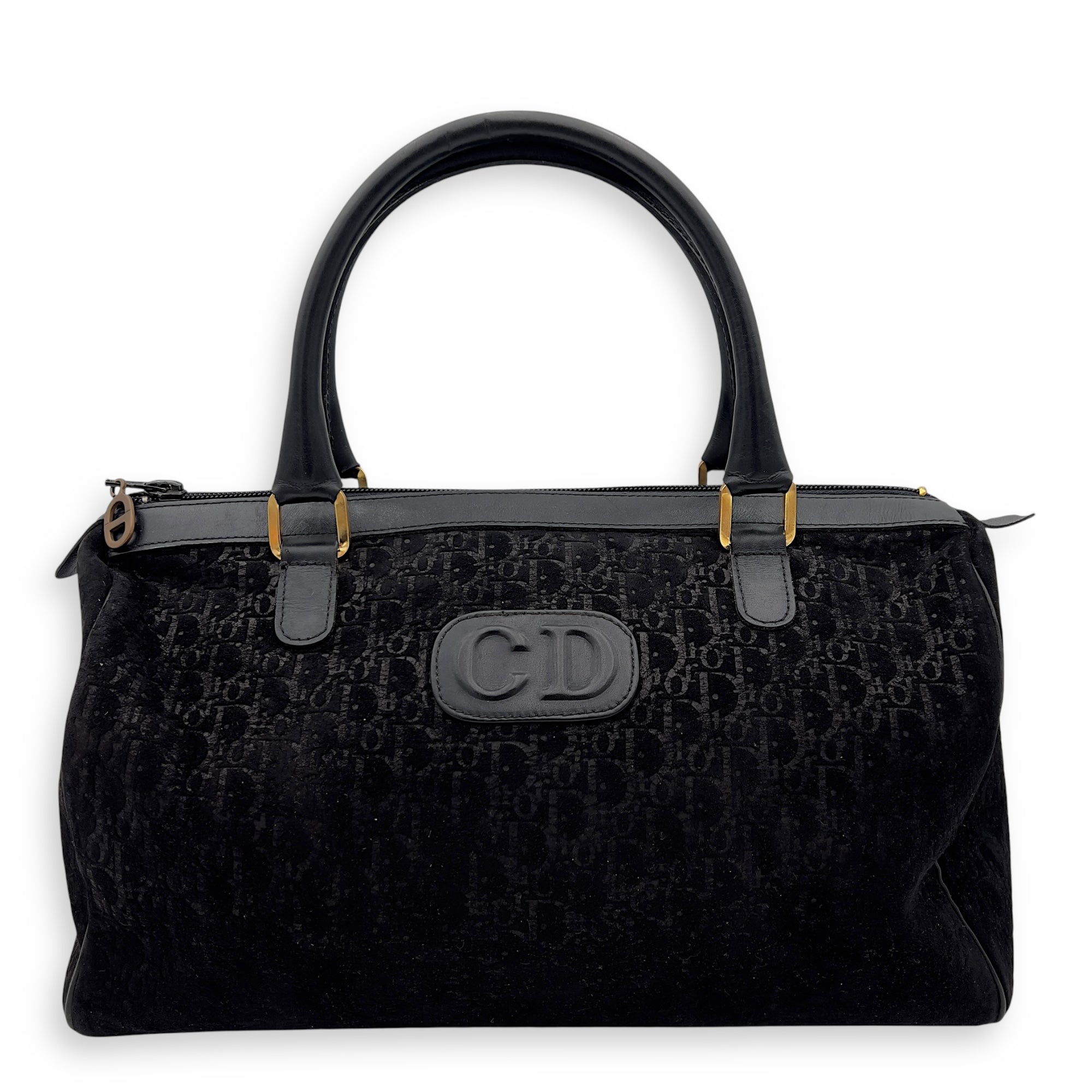 Vintage Top Handle Bag Black in Suede Leather, Gold hardware