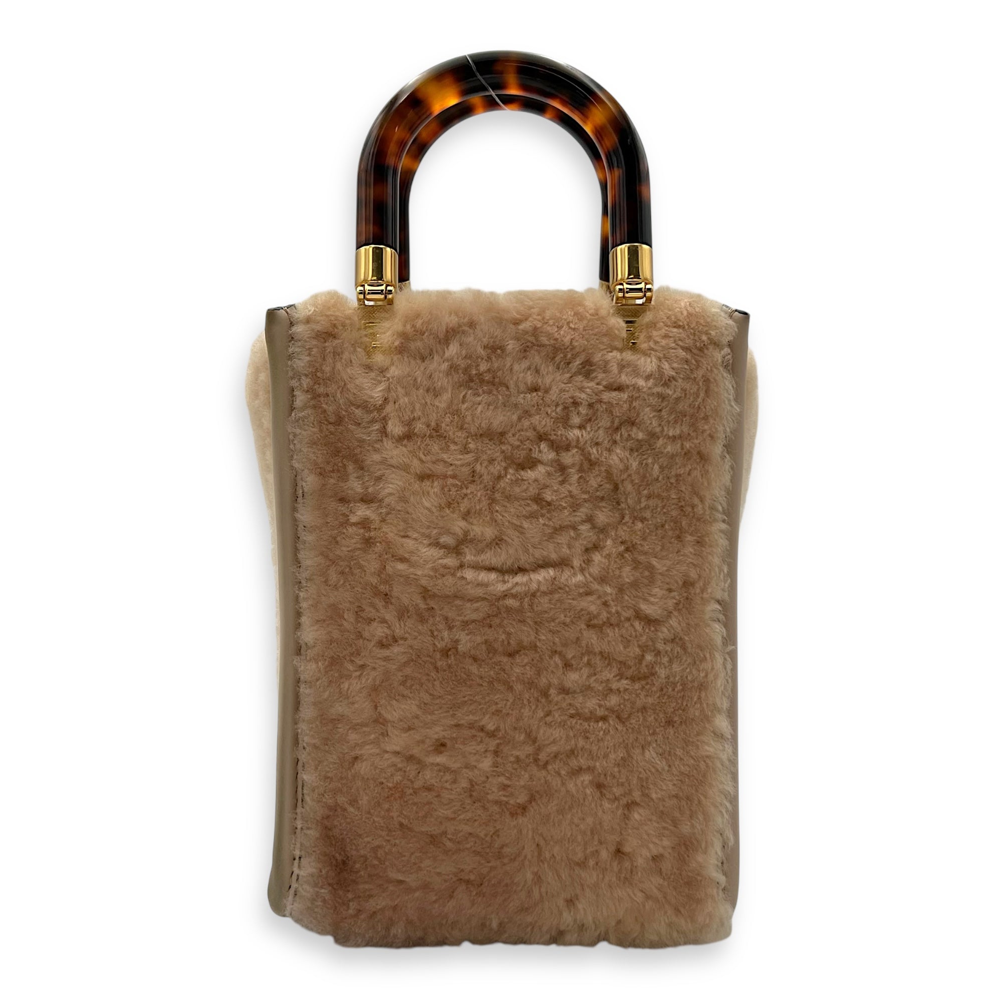 Sunshine Top Handle Bag Mini Beige in Faux Fur, Gold hardware - Image 3