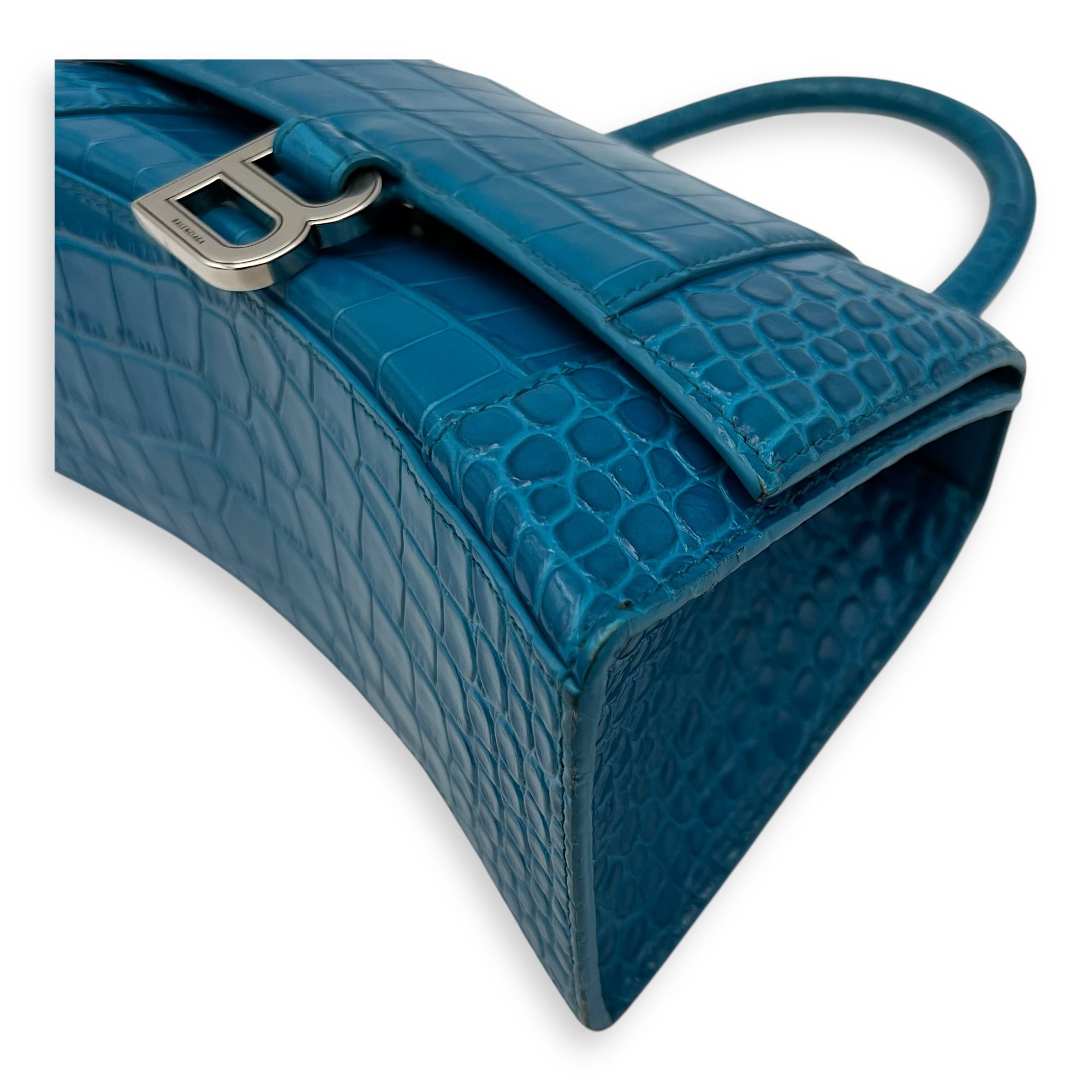 Hourglass Top Handle Bag Blue in Crocodile Embossed Calfskin, Silver hardware - Image 9