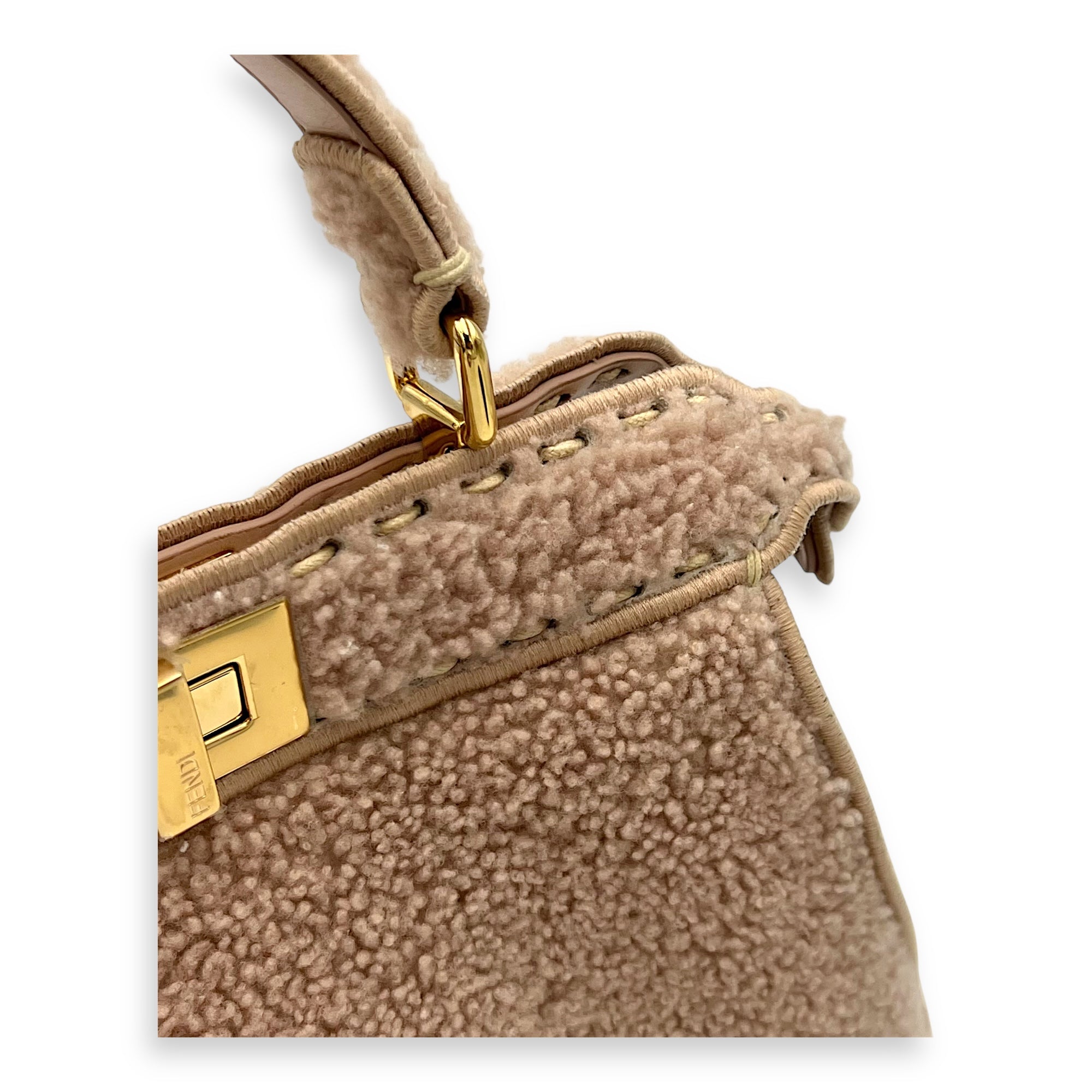 Iseeu Small Beige Top Handle Bag in Shearling, Gold hardware - Image 9