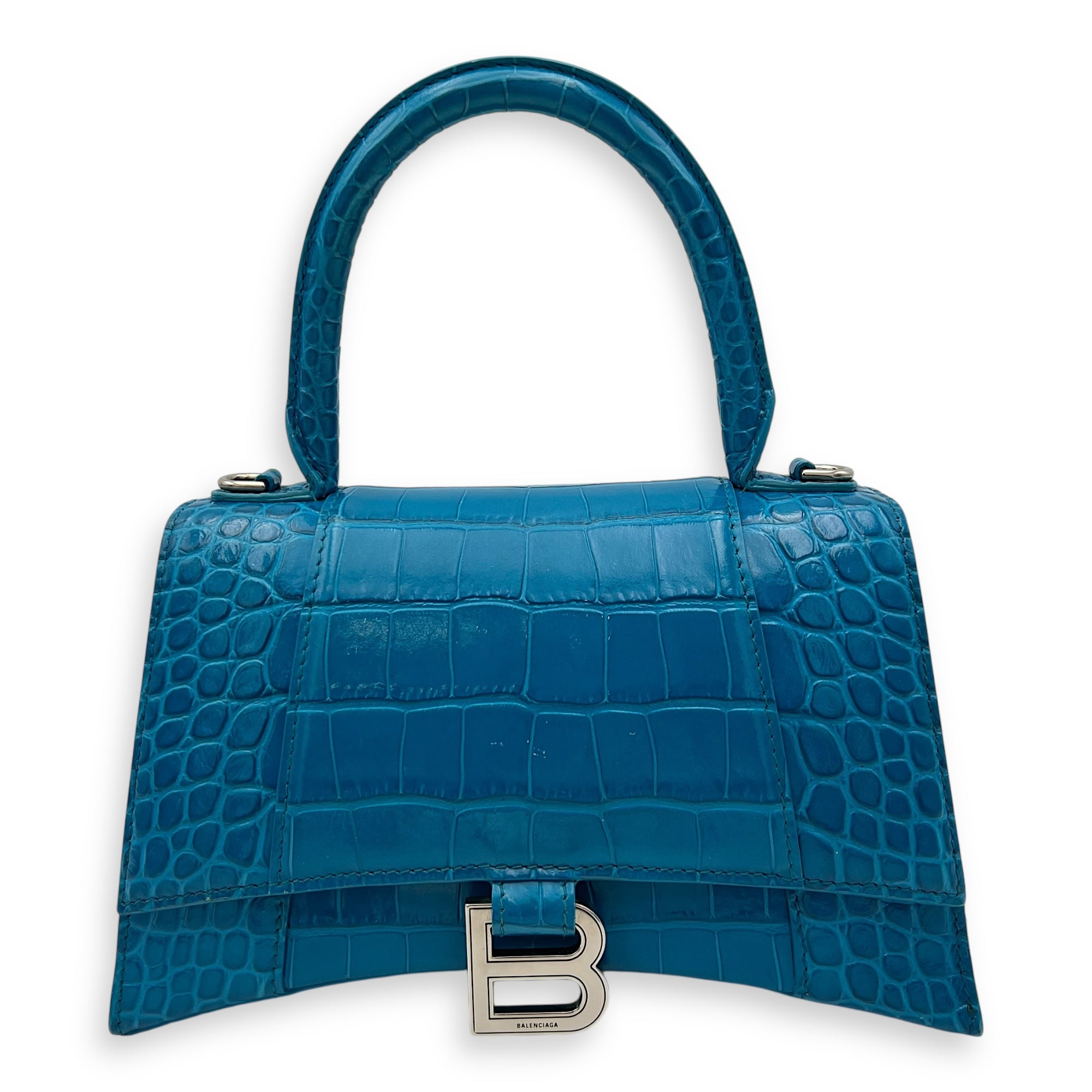Hourglass Top Handle Bag Blue in Crocodile Embossed Calfskin, Silver hardware