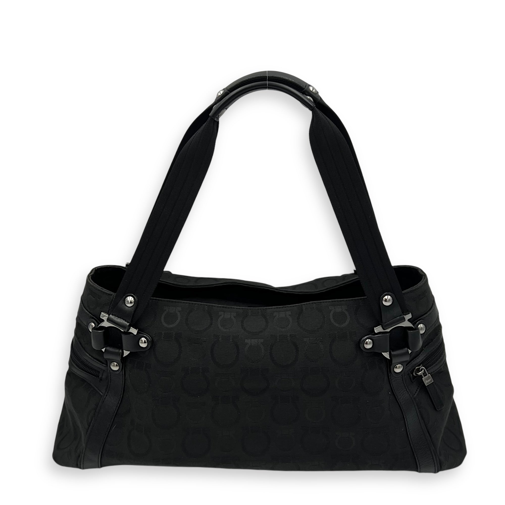 Vintage Black Shoulder Bag in Canvas, Silver hardware - Image 3